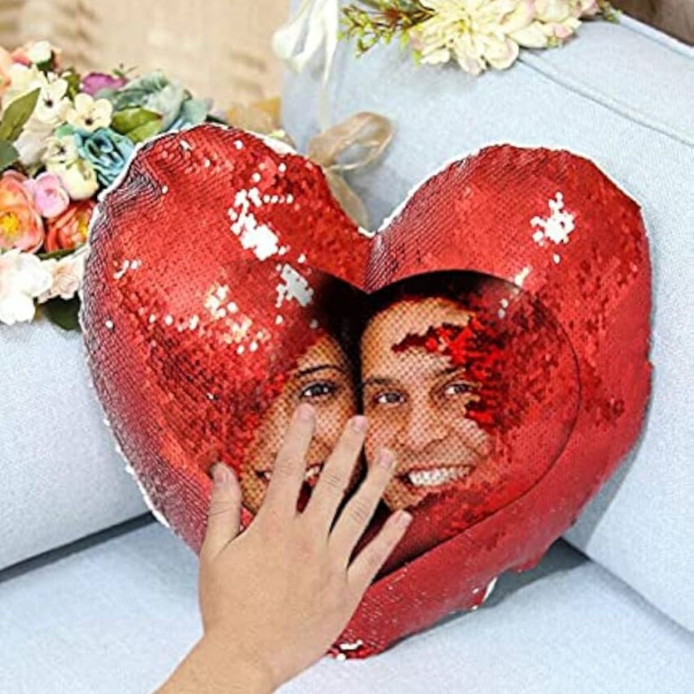 SMR Kart  Magic Sequin Heart Cushion Cover (Red & White) thumbnail 2