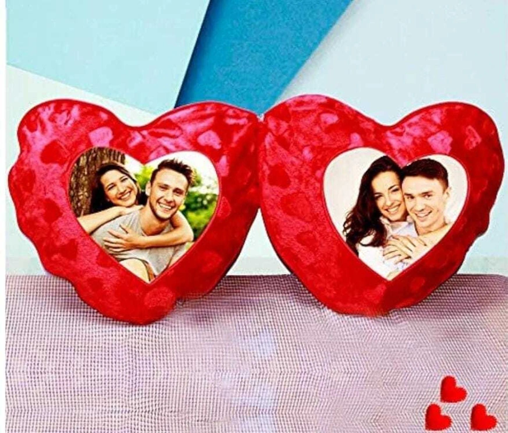 COUPLE CUSHION 2 PHOTO RED Microfiber Cushion (40 × 40 cm, Red)