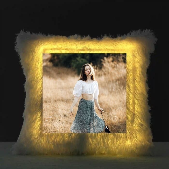 SMR Kart  Fur LED Square Cushion Cover (15 × 15 cm, White)
